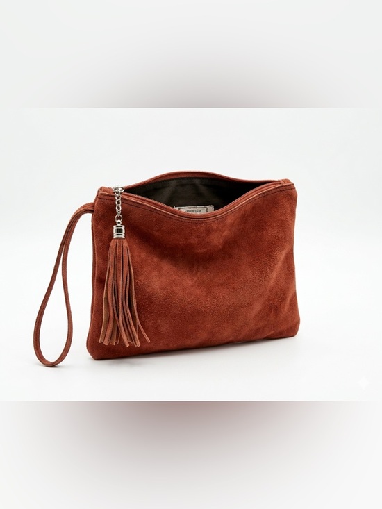 Anthropologie Handbags - Anthropologie Genuine Leather Suede Foldover Tassel Clutch